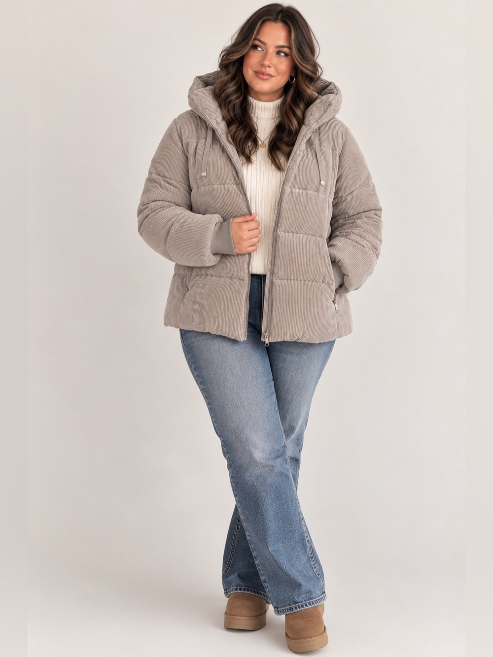 Sam Edelman XL Corduroy Puffer Jacket Hooded Taupe Gray Winter Coat Quilted - Picture 3 of 6